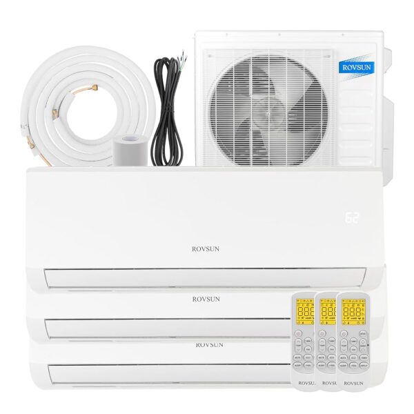 ROVSUN 3 Zone 9000 + 9000 + 9000 BTU Mini Split AC/Heating System, 19 SEER2 Dual Zone 27000 BTU Ductless Wall Air Conditioner with Pre-Charged Condenser, Heat Pump & 25Ft Line...