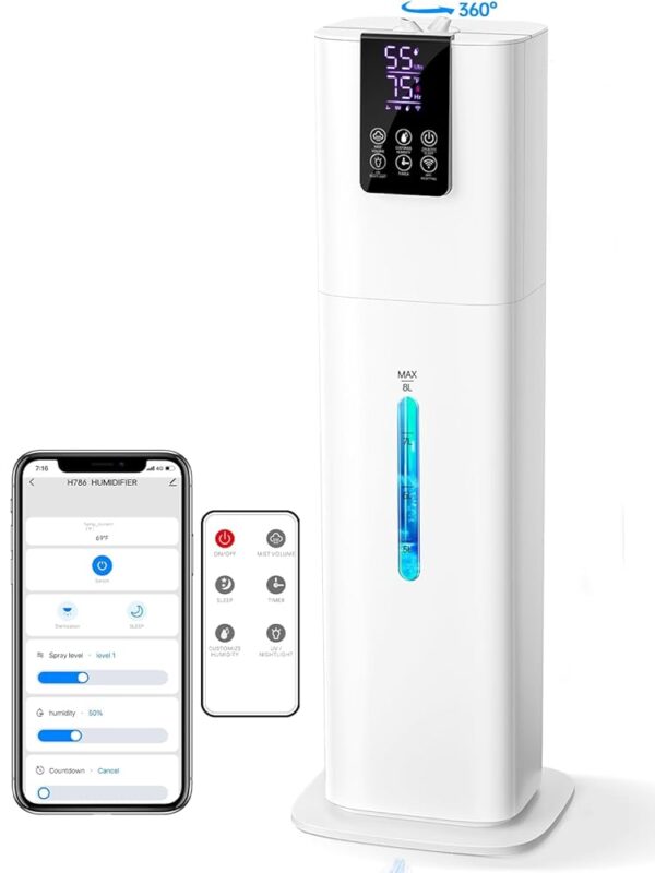 Smart Humidifiers for Bedroom Large Room,(8L) 2.1Gal Cool Mist Top Fill Diffuser Ambient Light, WIFI App & Remote Control, 3 Mist Modes, 12H Timer, 35dB Quiet Humidifier for...