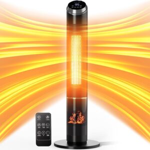 Space Heater, Tower Heater for Indoor Use, 1500W Electric Ceramic Heater with 3D Flame Effect, Adjustable Thermostat, 80° Oscillation, Over Heating & Tip-over Protection Black 38"