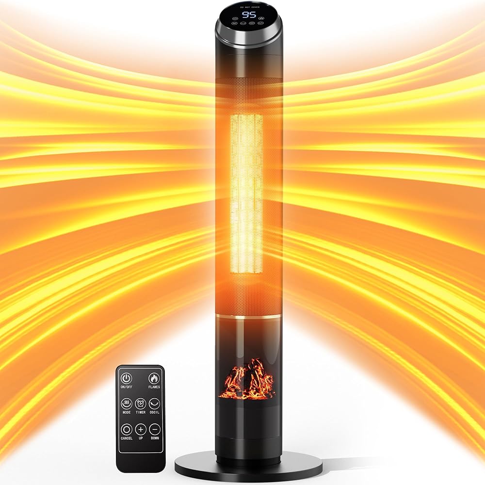 Space Heater, Tower Heater for Indoor Use, 1500W Electric Ceramic Heater with 3D Flame Effect, Adjustable Thermostat, 80° Oscillation, Over Heating & Tip-over Protection Black 38" Space Heater, Tower Heater for Indoor Use, 1500W Electric Ceramic Heater with 3D Flame Effect, Adjustable Thermostat, 80° Oscillation, Over Heating & Tip-over Protection Black 38"