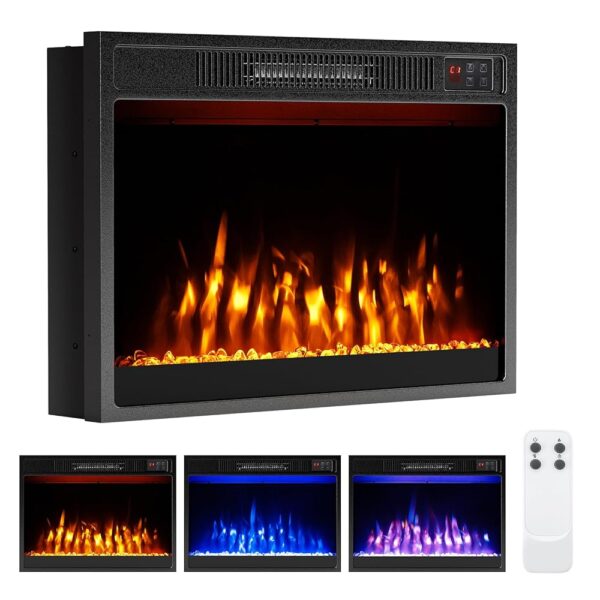 Tangkula 23” Electric Fireplace, 5,000 BTU Fireplace Insert with Remote Control, Crystal Stones, Adjustable Flame Color & Brightness, 1-8H Timer, Thermostat & Overheat Protection
