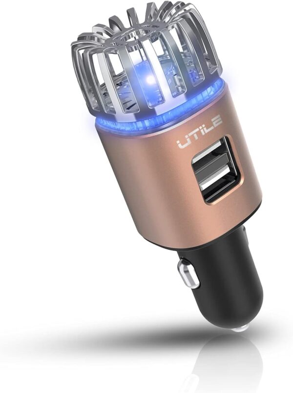 UTILE Car Ionizer Odor Eliminator Purifier with Dual USB Car Charger – Ionic Air Freshener| 2.1A/0.8W USB Charging for Phone, Tablet and Other Devices (Copper, Pack of 1)
