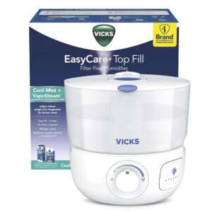 Vicks EasyCare Plus Top Fill Filter-Free Cool Mist Humidifier, Small Room–For Vapors 2 Ways –Works with Vicks VapoPads and VapoSteam, White