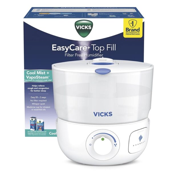 Vicks EasyCare Plus Top Fill Filter-Free Cool Mist Humidifier, Small Room–For Vapors 2 Ways –Works with Vicks VapoPads and VapoSteam, White