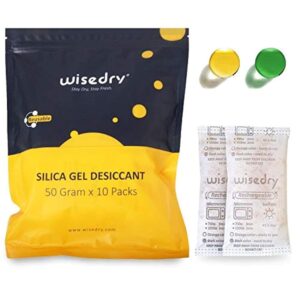 wisedry 50 Gram [10 Packs] Silica Gel Packets Microwave Fast Reactivate Desiccan Packs with Indicating Beads